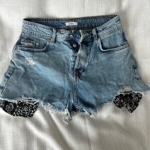 Forever 21 Light Blue Distressed Denim Shorts with Black Bandana Inset